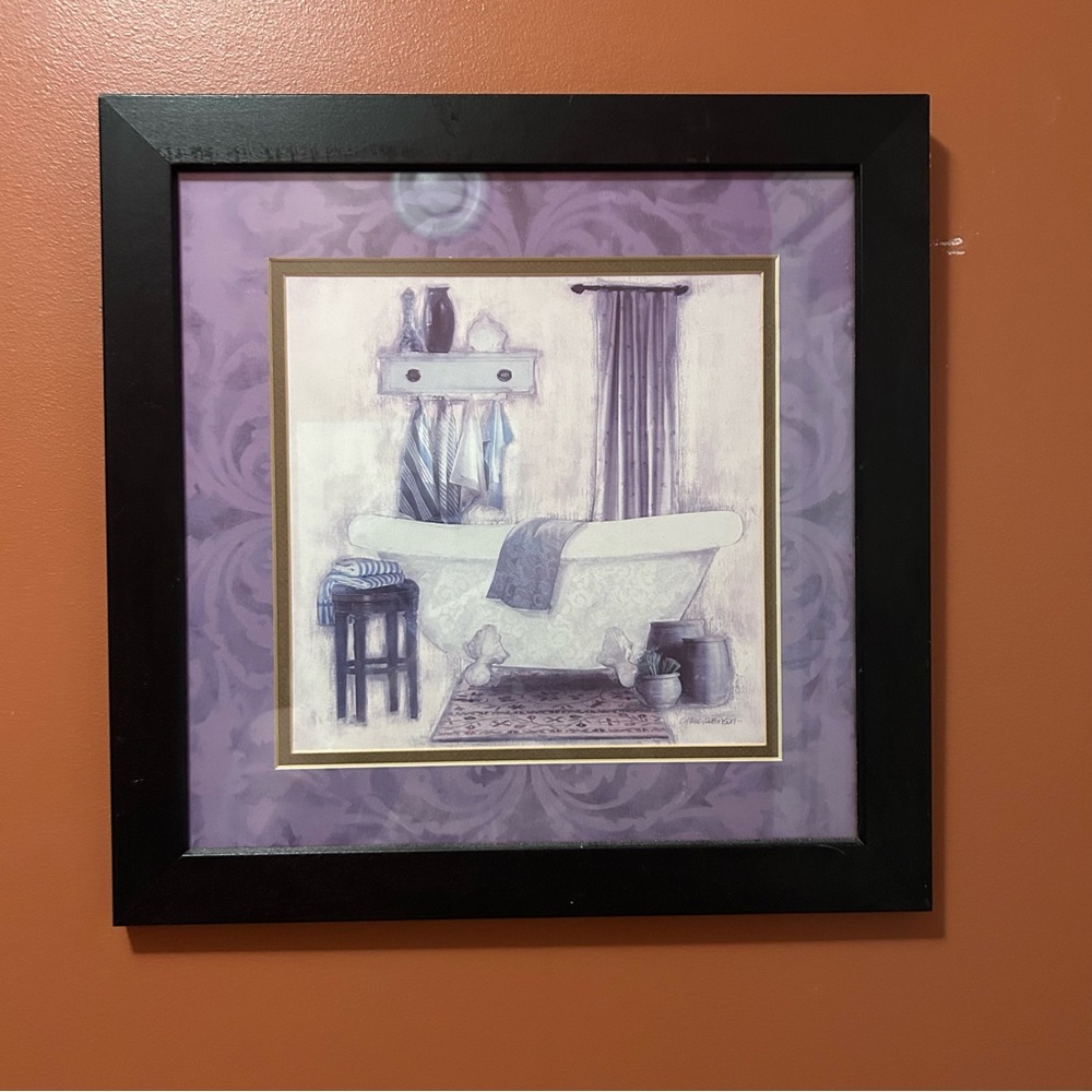 Carol‎ Robinson framed bathtub wall art purple cottage bathroom décor 14x14